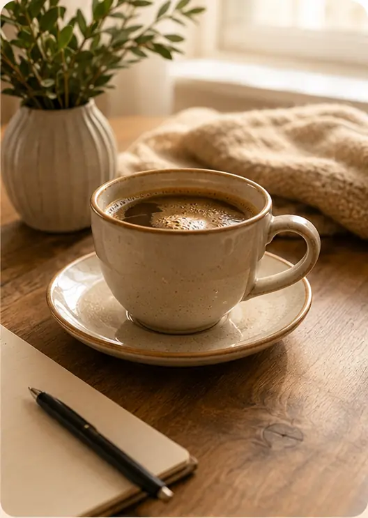 Kaffee und Notizbuch, bereit für das Gespräch