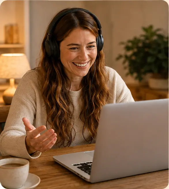 Eine Teilnehmerin spricht online mit Kopfhörern